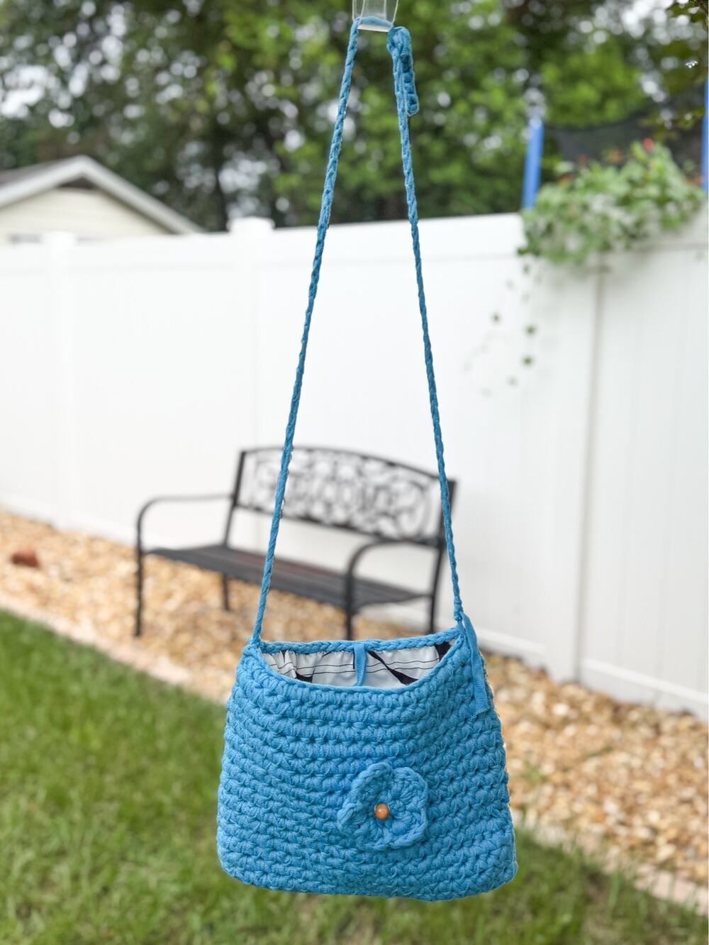 Handmade Crochet Blue Crossbody Bag Floral Applique Lined Boho Purse